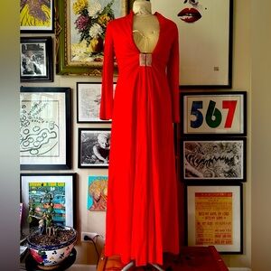 *VINTAGE* Elegant Long Red Evening Gown Bell Sleeves Rhinestones